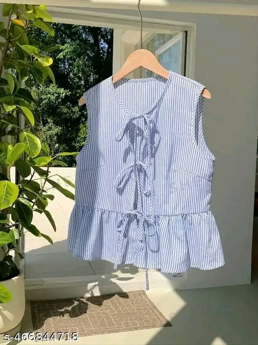 Cotton Striped Bow Tie Decorated Ruffle Hem Sleeveless Top BLUE