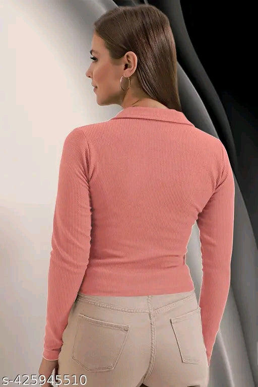 Casual Polyester Blend Ribbed Collar V-Neck & Regular Long Sleeves Stylish Coffee Top (20"Inches)